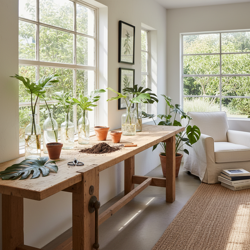 Mudas de plantas em vidros com água mostrando raízes em desenvolvimento e vasos de cerâmica em uma bancada iluminada.