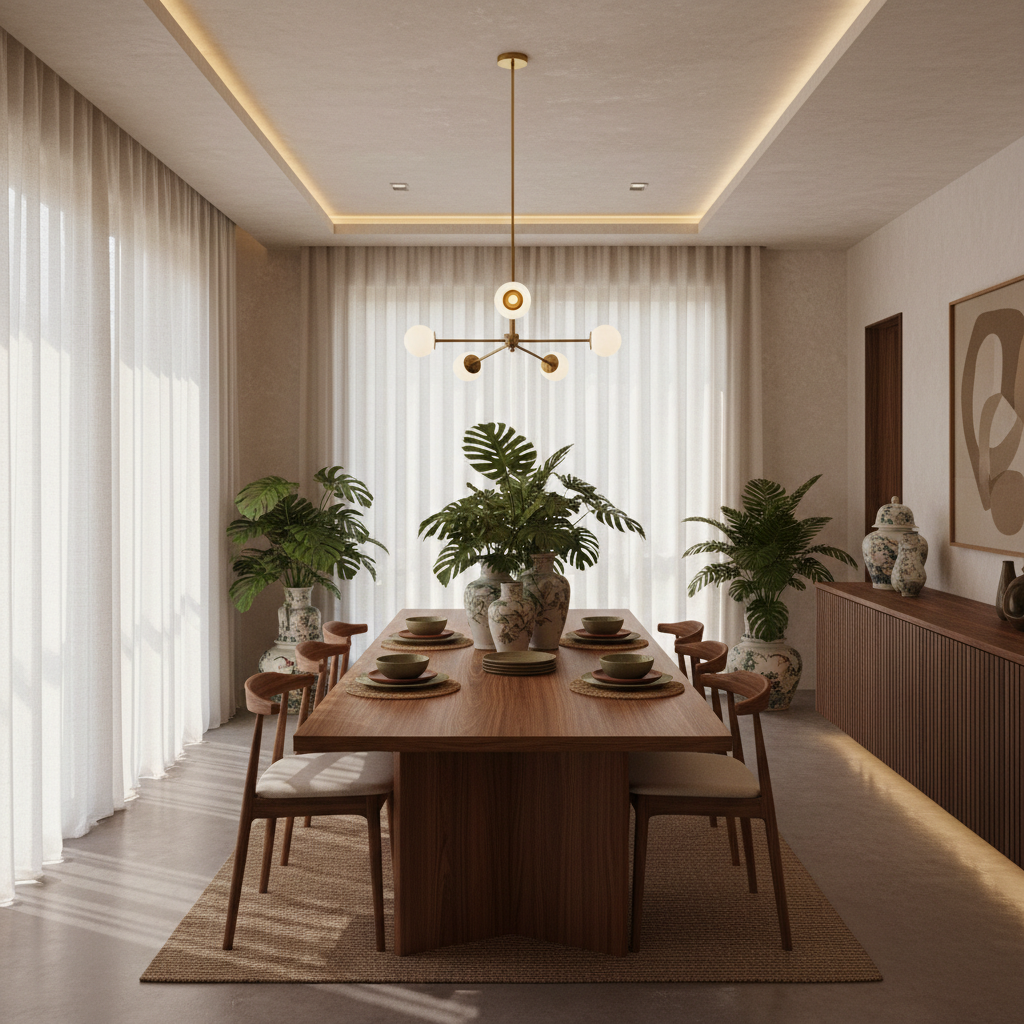 Pendente para mesa de jantar iluminando uma mesa de madeira natural com jantar servido e iluminação acolhedora.