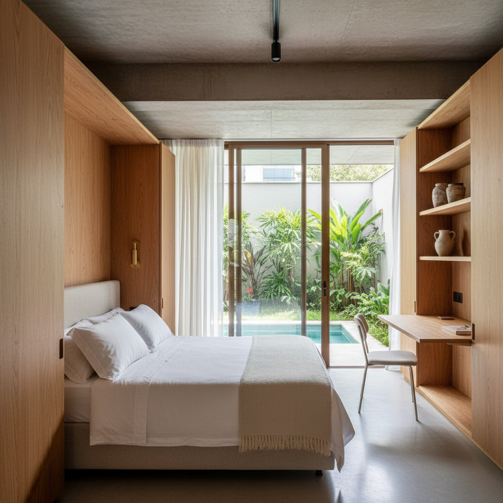 Studio compacto moderno com móveis multifuncionais de madeira integrando cama retrátil e estação de trabalho.