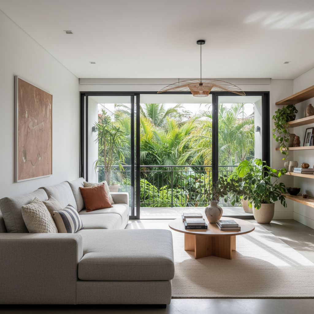 Sala de estar moderna e iluminada com sofá modular cinza em tecido de linho elegante.