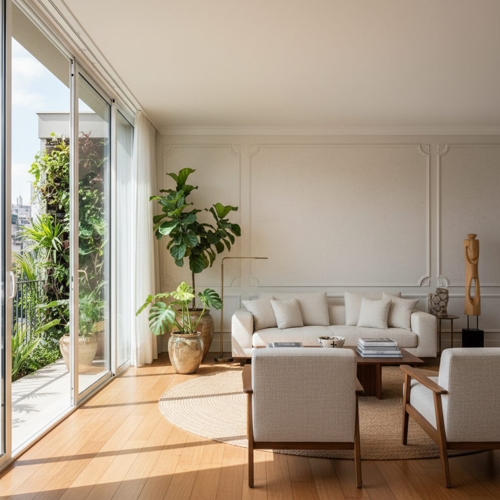 Parede restaurada e impermeabilizada em sala de estar bem iluminada com decoração moderna.