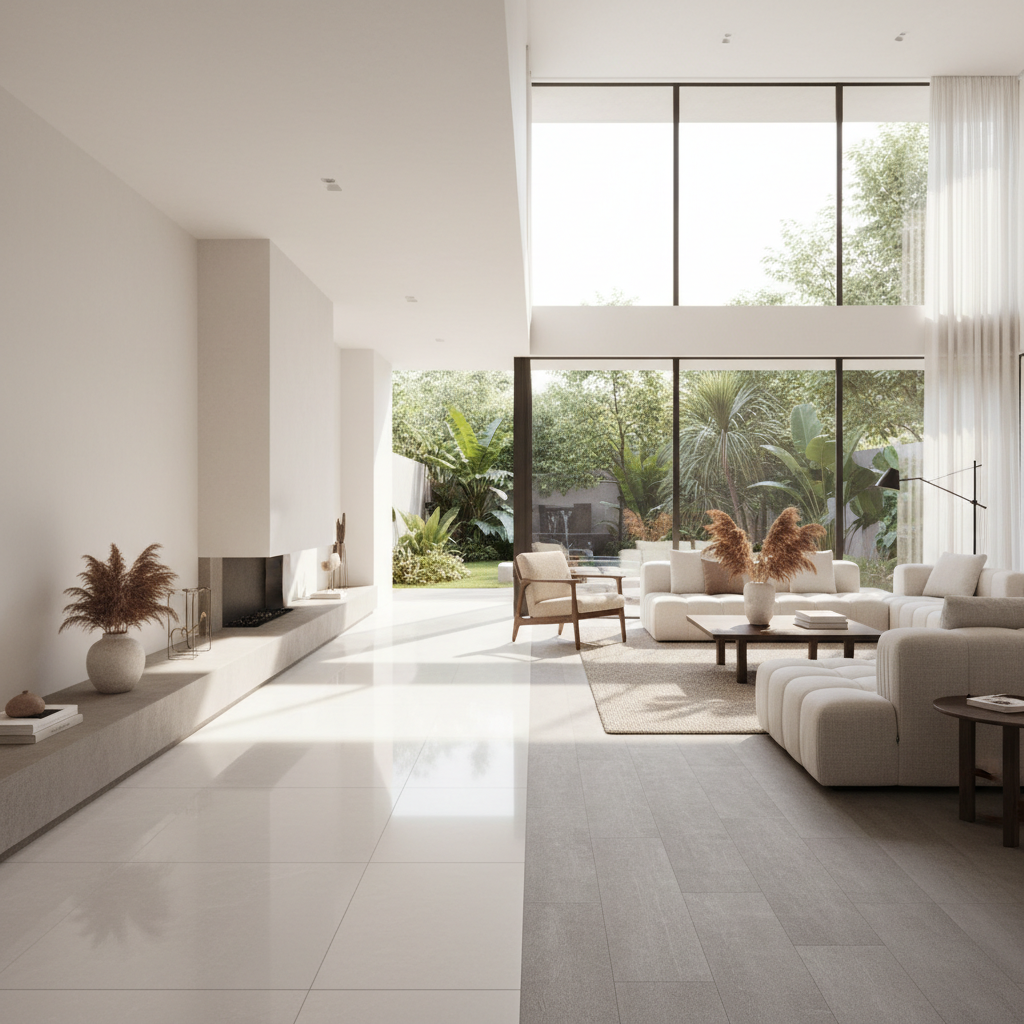 Ambiente residencial amplo mostrando piso porcelanato acetinado integrado à sala de estar.